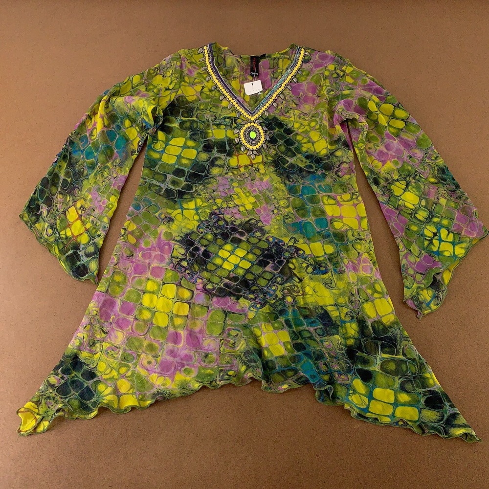 La Moda Women's Small Green Purple Sheer Beaded V Neck Pullover Tunic Top New